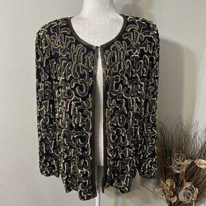 Vtg Exotica Women 100% Silk Jacket Women Beaded Sequined Gold & Blue Paisley XL
